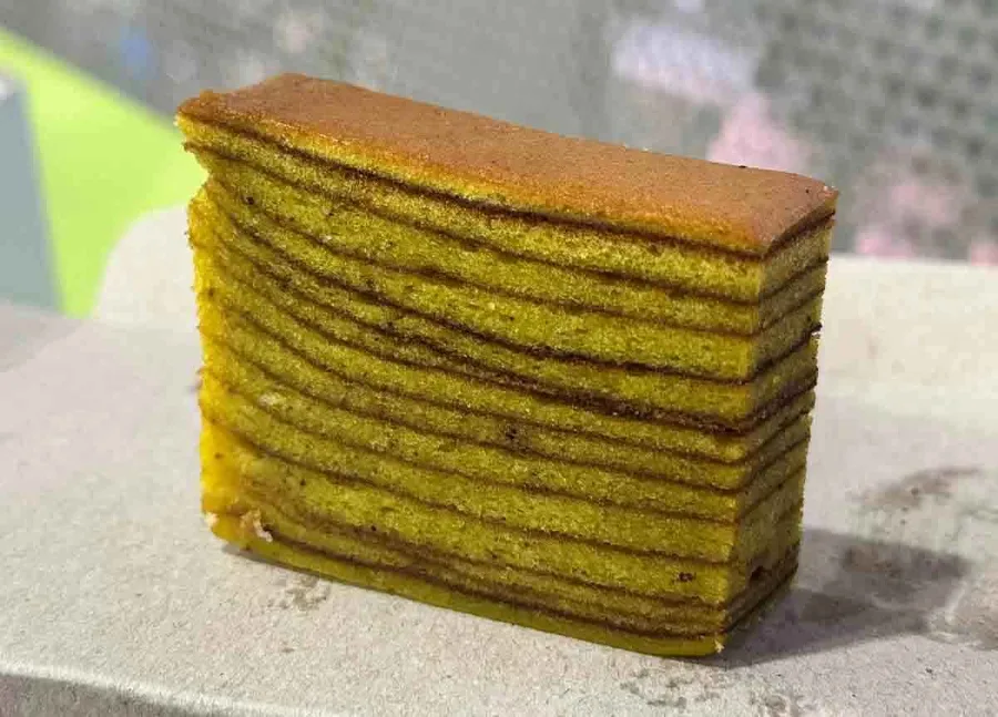 A block of Petite Krumbs cake lapis showing its baked layers